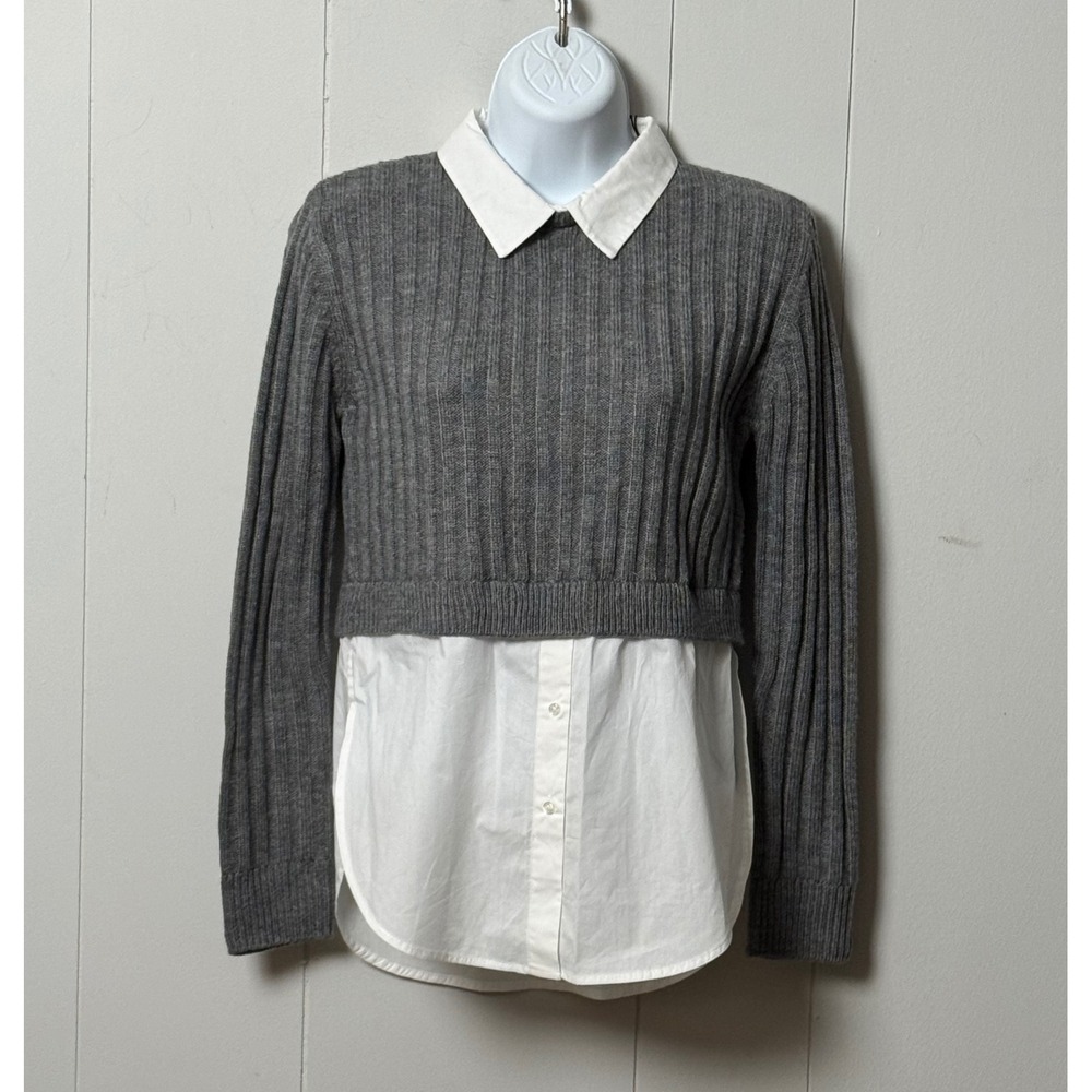 NWT Zara Womens 100% Cotton Grey Ribbed Sweater White Shirt Layered Top Sz 11-12
